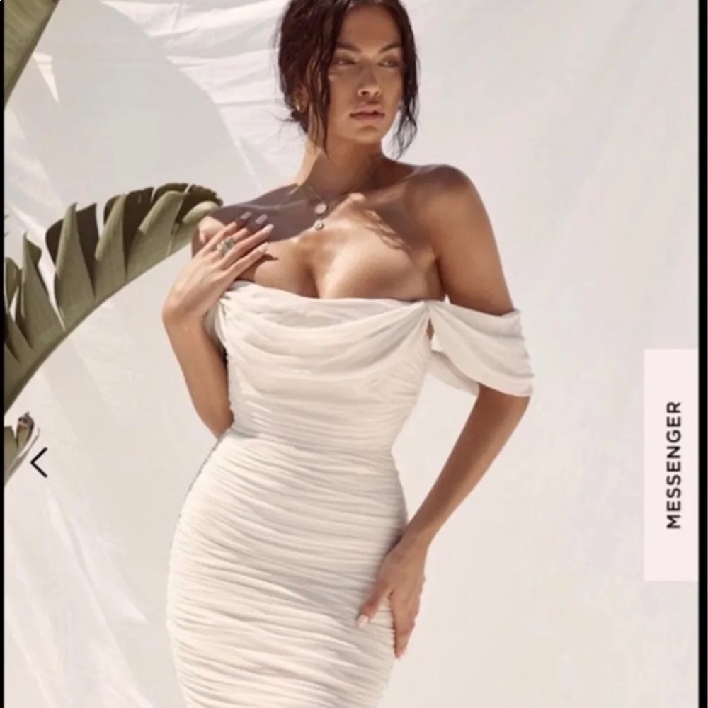 House of CB Carlotta Ivory Ruched Draped Chiffon Dress